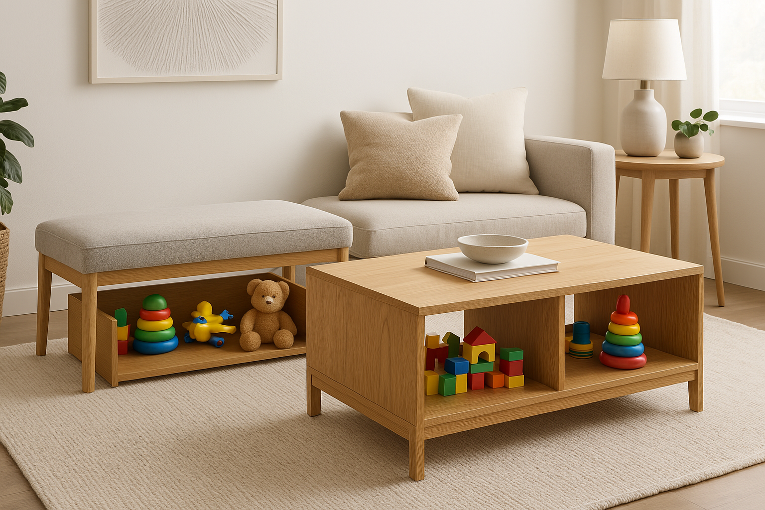 storage benches or coffee tables with nooks perfect for stashing toys away